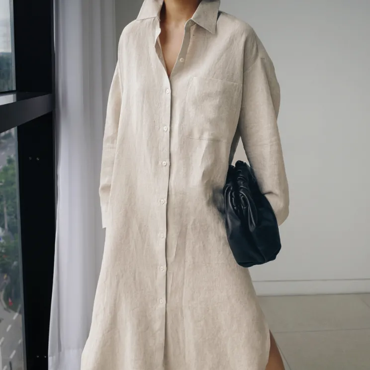 寬鬆休閒文藝顯瘦素色氣質翻領洋裝-lululam