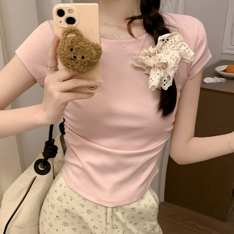 圓領設計感褶皺收腰顯瘦正肩短袖T恤-lululam