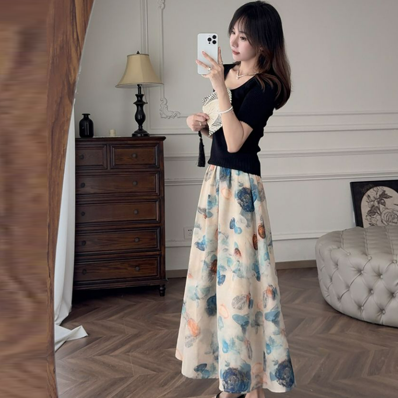 藝術系水墨暈染A字鬆緊腰半身裙-lululam