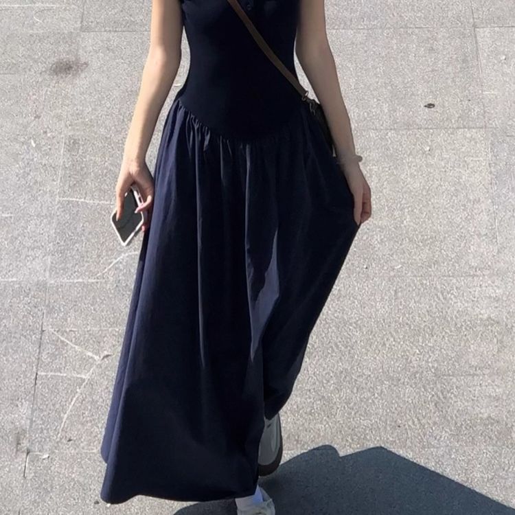 休閒polo領短袖拼接大擺慵懶長版洋裝