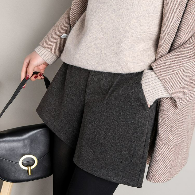 顯瘦毛呢加厚寬鬆A字高腰闊腿短褲