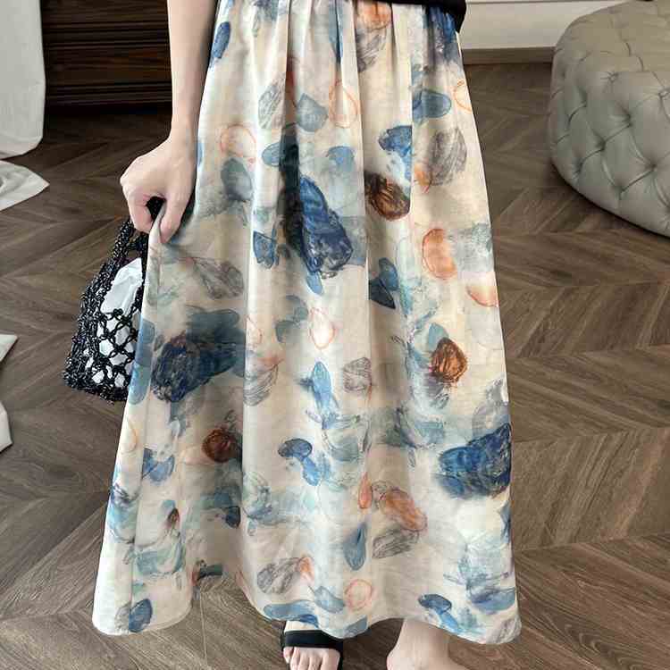 藝術系水墨暈染A字鬆緊腰半身裙-lululam