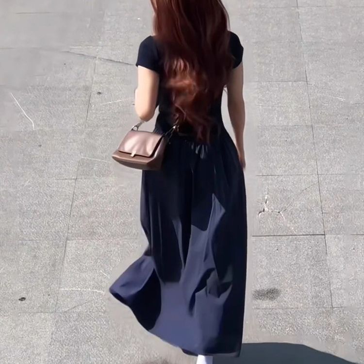 休閒polo領短袖拼接大擺慵懶長版洋裝