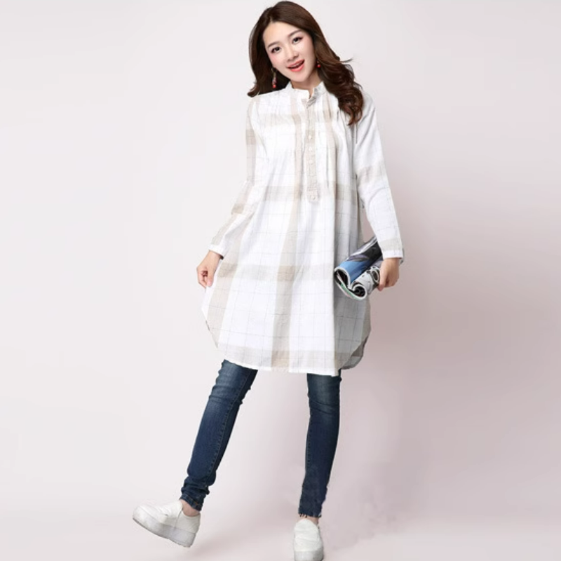 韓版寬鬆中長款格子裙長袖棉麻襯衫-lululam