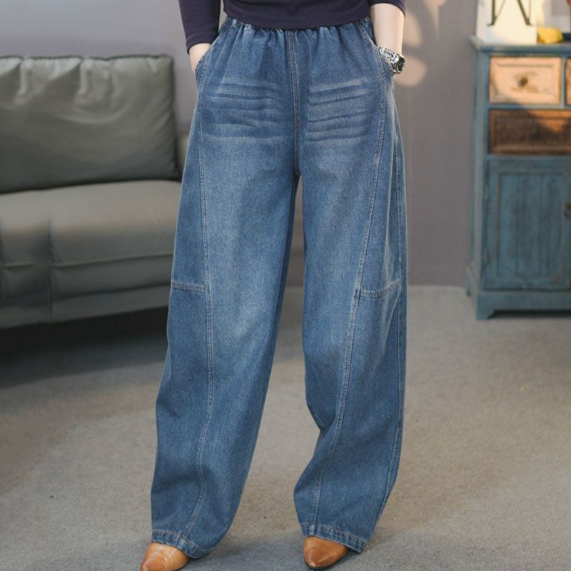 美式彎刀闊腿高腰寬鬆顯瘦大碼拖地牛仔褲-lululam