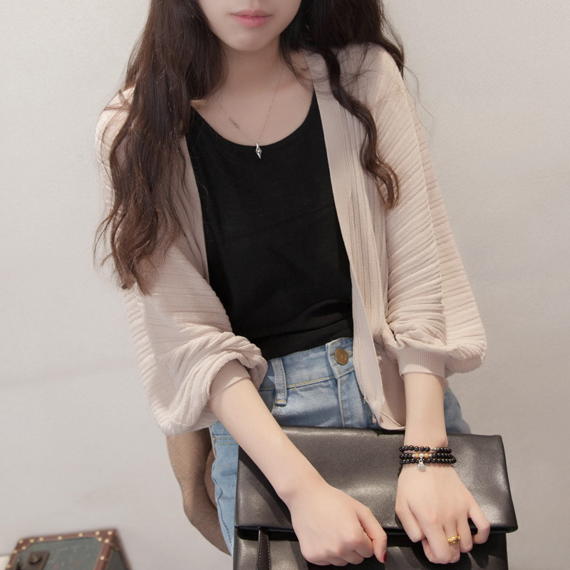 燈籠袖外搭V領寬鬆防曬衣空調披肩針織衫-lululam