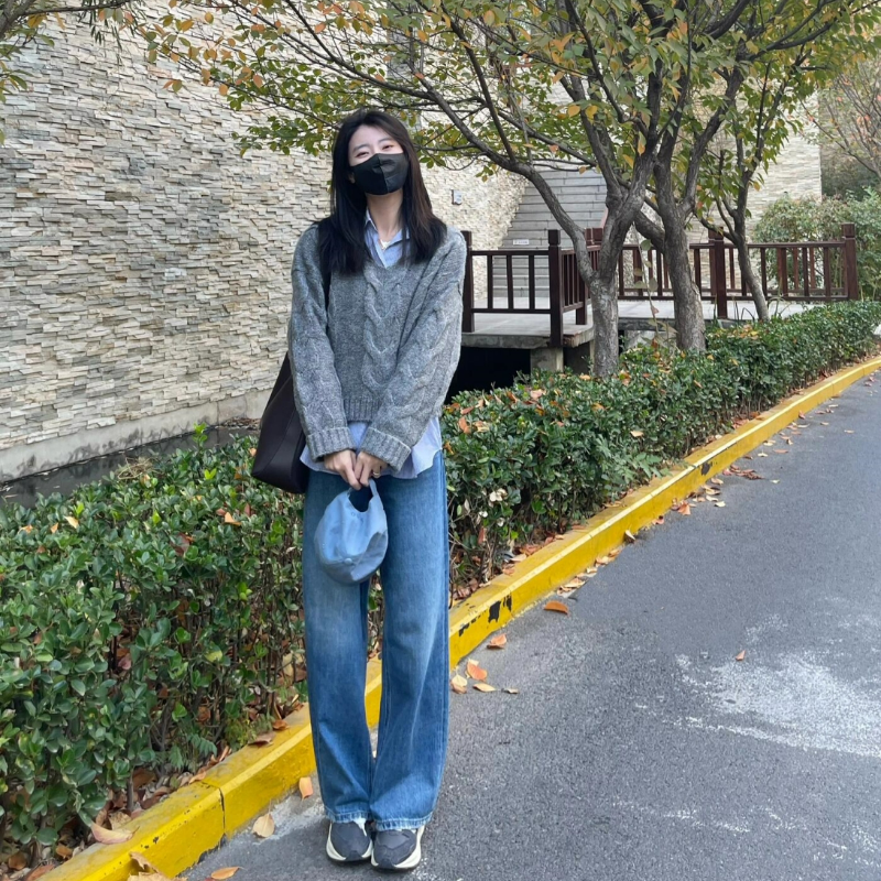 高腰垂感顯瘦寬鬆闊腿百搭直筒牛仔褲