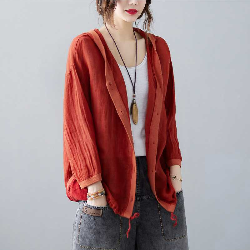 復古連帽棉麻寬鬆文藝防曬中長款空調開衫-lululam