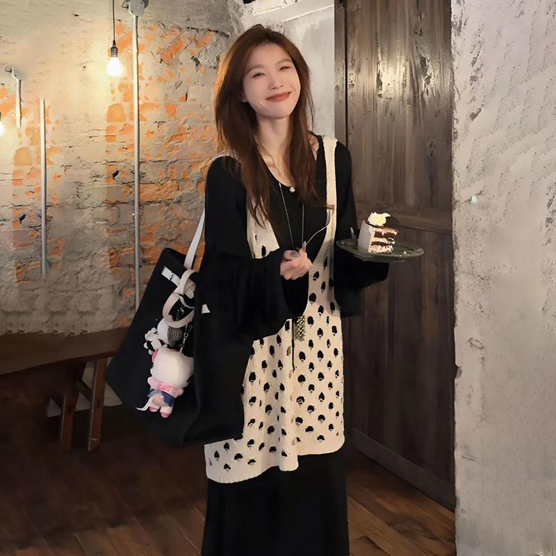 【單件/套裝】鬆弛感慵懶風鏤空馬甲連衣裙兩件套裝-lululam