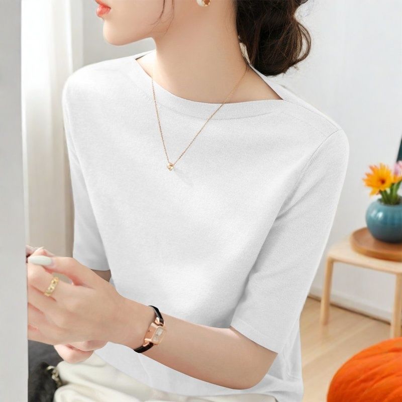 氣質百搭螺紋一字領修身顯瘦中袖打底衫-lululam