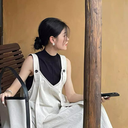 【單件】寬松休閑V領背帶裙+顯瘦打底衫兩件套