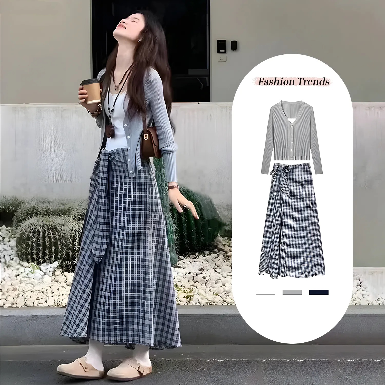 【單件/套裝】法式灰色長袖針織開衫+白色吊帶+氣質格子綁帶半身裙三件套-lululam