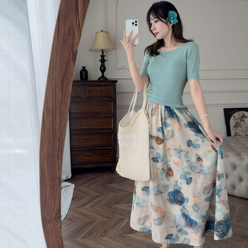 藝術系水墨暈染A字鬆緊腰半身裙-lululam