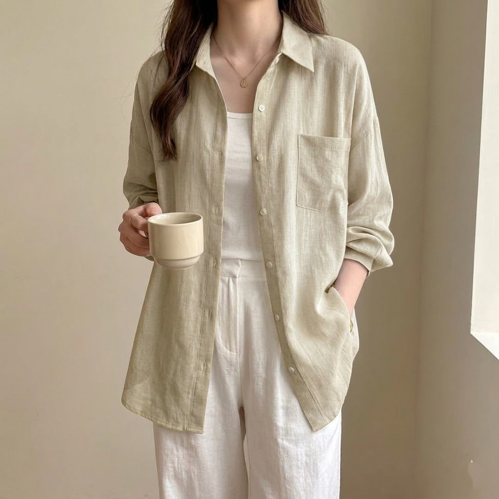 亞麻長袖薄款素色寬鬆防曬衣襯衫