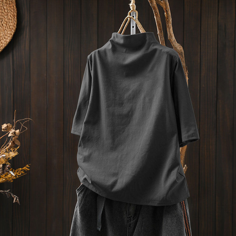 純棉半高領寬鬆顯瘦百搭素色五分袖T恤-lululam