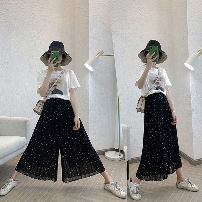 大碼百褶雪紡高腰寬鬆顯瘦九分闊腿褲-lululam