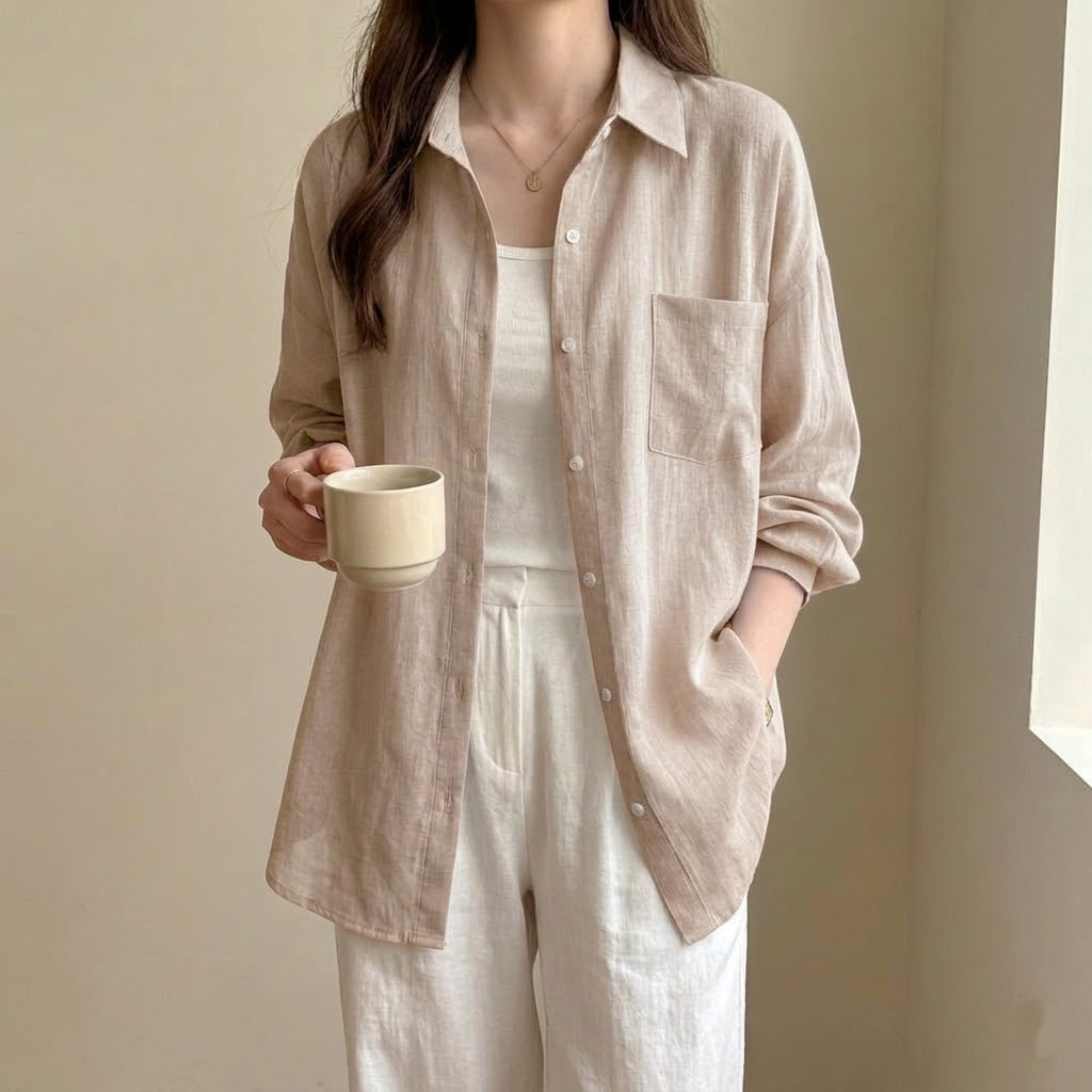 亞麻長袖薄款素色寬鬆防曬衣襯衫