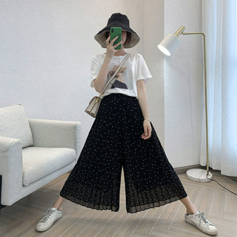 大碼百褶雪紡高腰寬鬆顯瘦九分闊腿褲-lululam