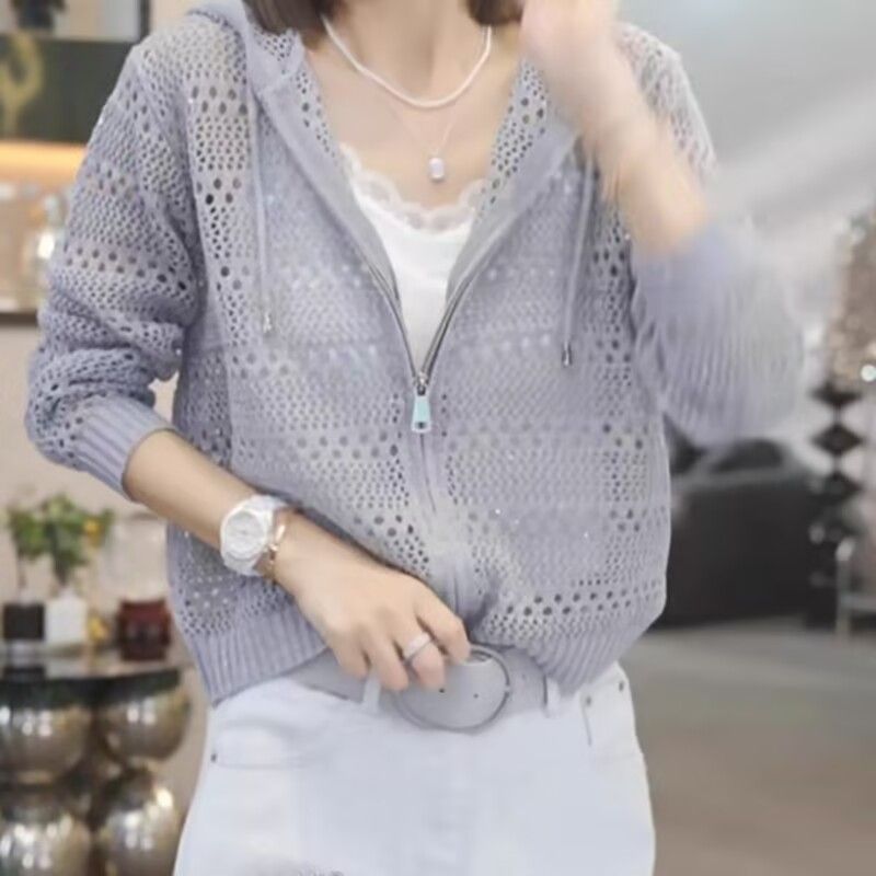 休閒長袖寬鬆連帽鏤空拉鏈開衫