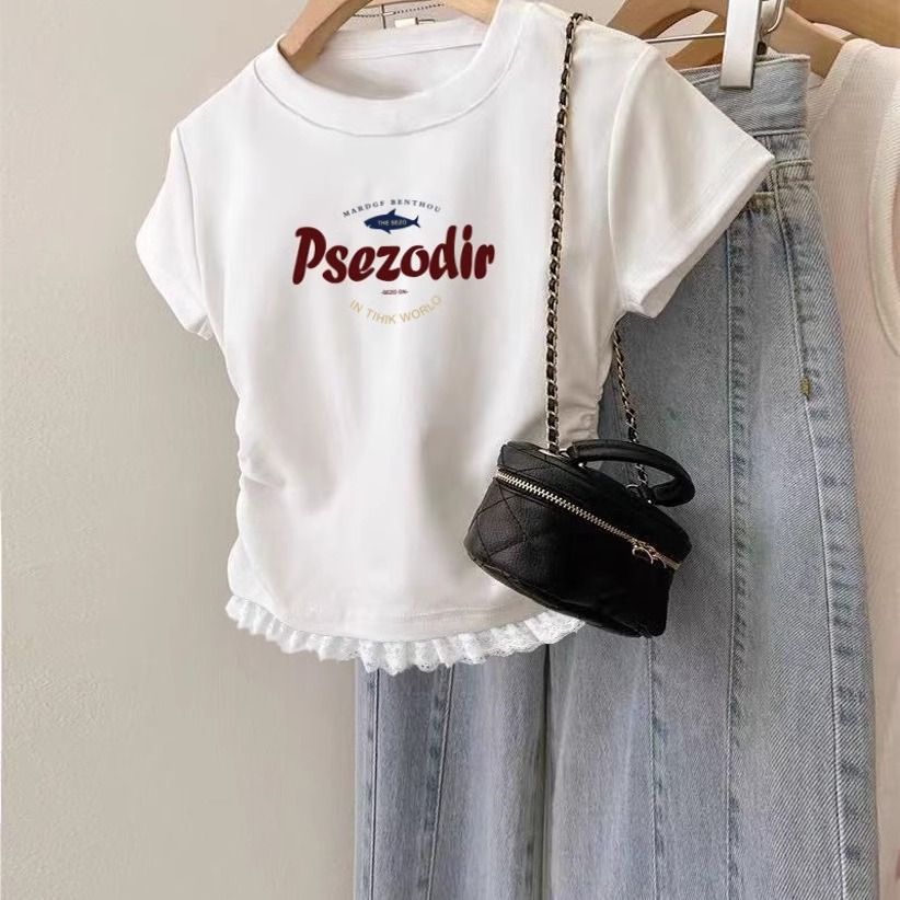 美式短款正肩蕾絲設計感褶皺收腰短袖t恤-lululam