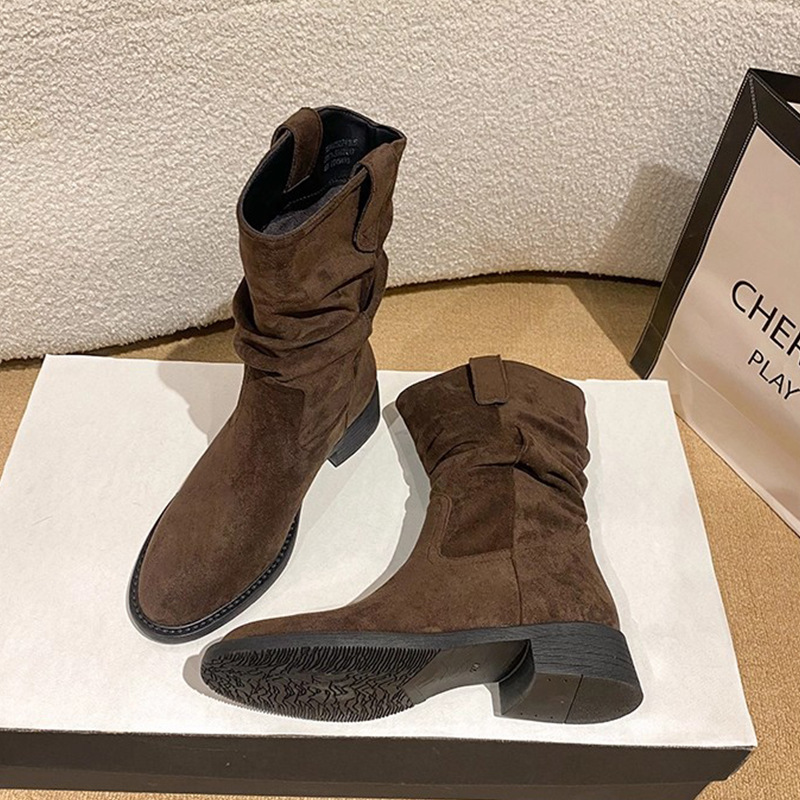 美拉德復古中筒牛仔堆堆短靴粗跟馬丁靴-lululam