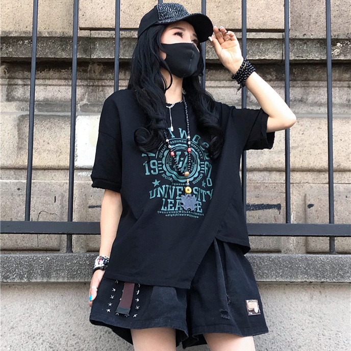 復古時尚百搭不規則寬鬆印花休閒短袖-lululam