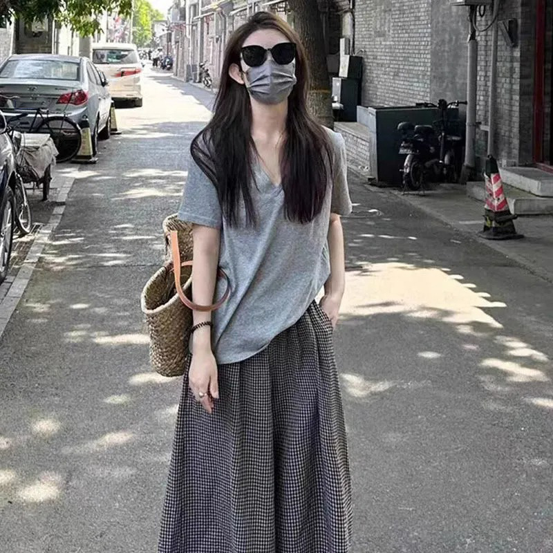 【單件/整套】休閒透氣涼爽V領短袖T恤+格子垂墜感寬鬆長褲兩件套裝-lululam