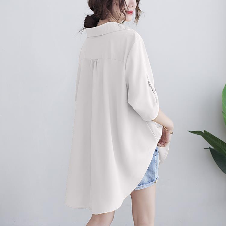 中長款大碼寬鬆收腰顯瘦短袖雪紡衫-lululam