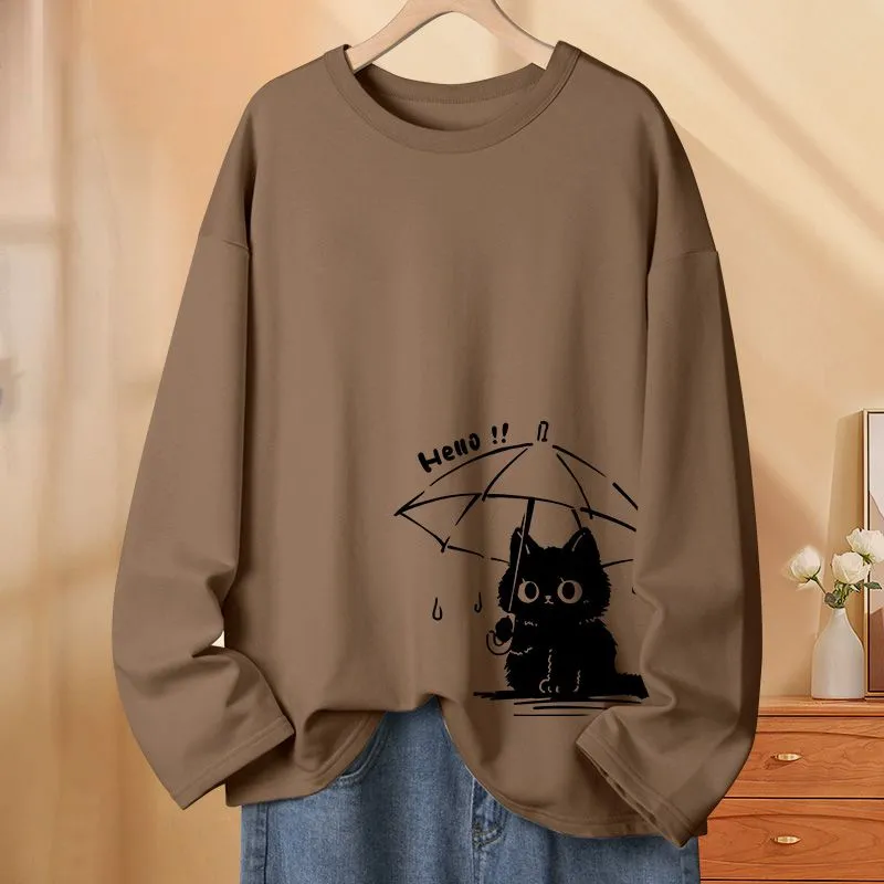 純棉薄款撐傘貓可愛圓領長袖T恤-lululam