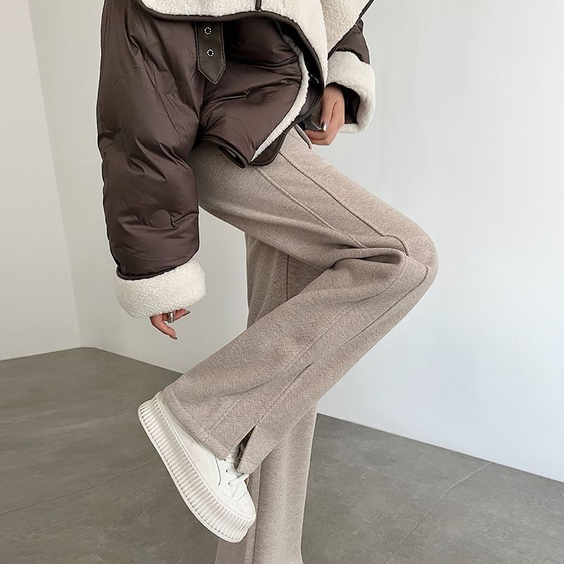 人字紋刷毛闊腿毛呢開叉直筒窄版香蕉褲