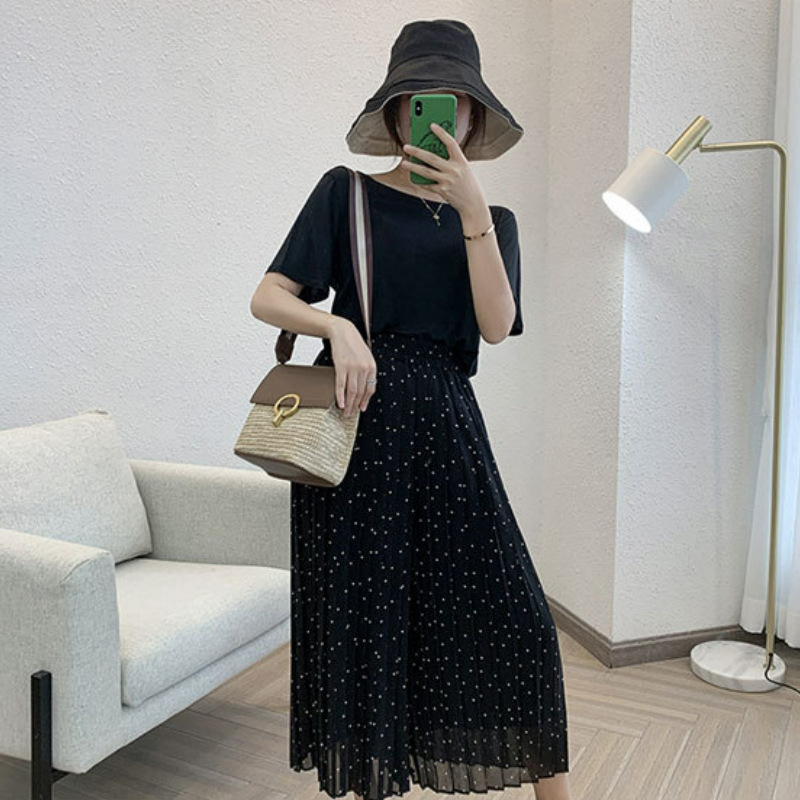 大碼百褶雪紡高腰寬鬆顯瘦九分闊腿褲-lululam