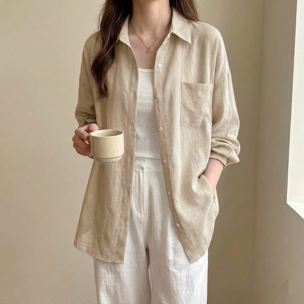 亞麻長袖薄款素色寬鬆防曬衣襯衫