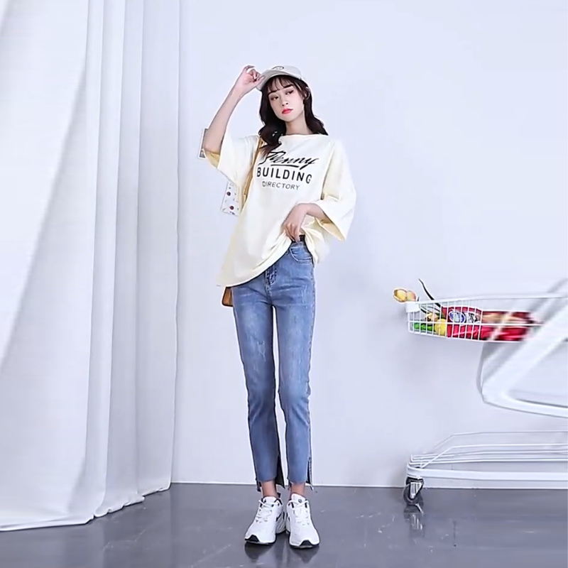 顯瘦高腰彈力緊身型破洞九分牛仔褲-lululam