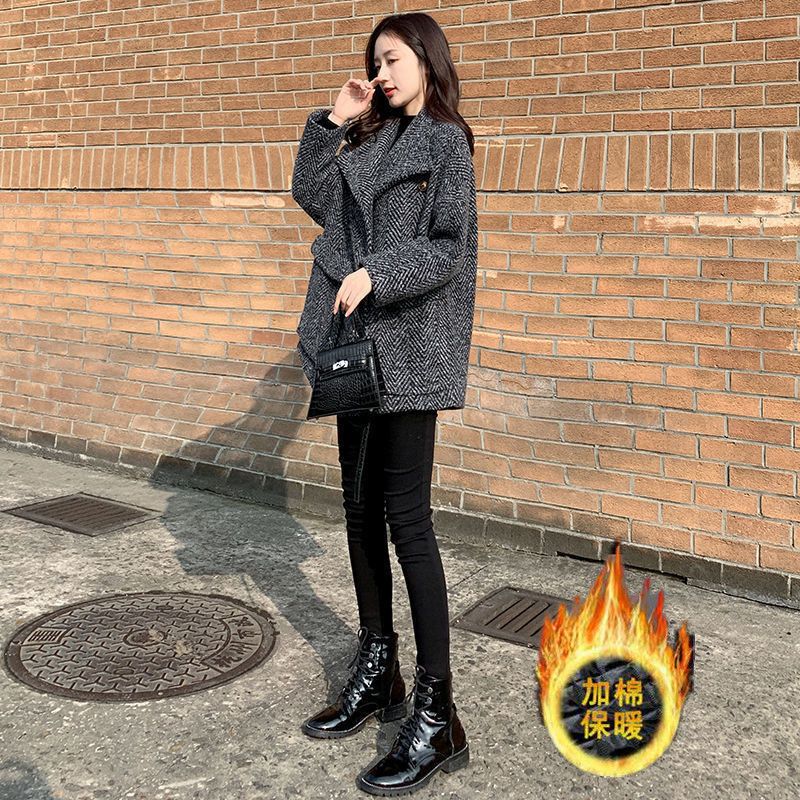 寬鬆百搭中長版呢子大衣加厚毛呢格子外套