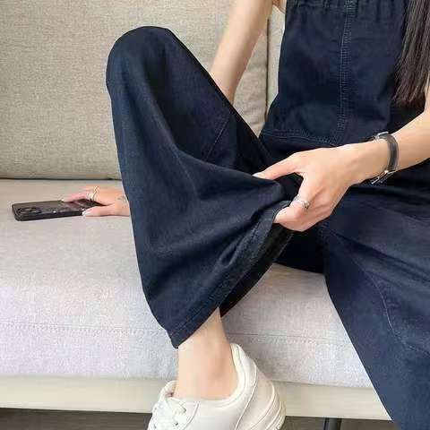 高腰顯瘦氣質吊帶闊腿褲牛仔背帶褲-lululam