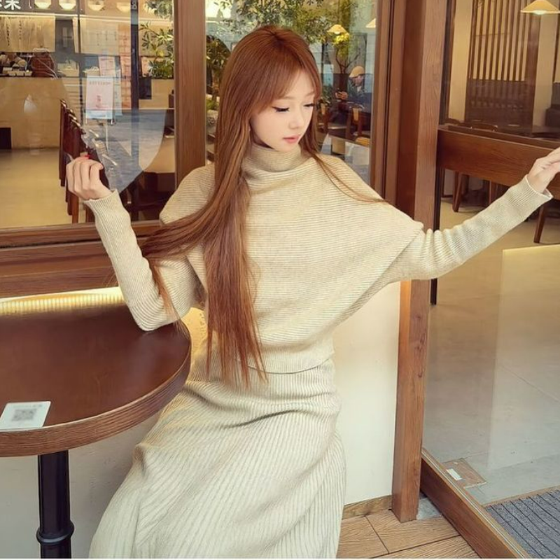 【單件/套裝】法式高領針織衫+高腰半身長裙兩件套