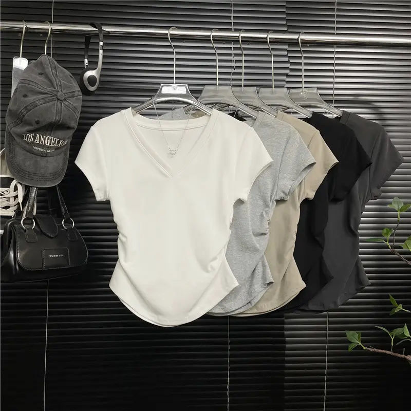 圓領設計感褶皺收腰顯瘦正肩短袖T恤-lululam