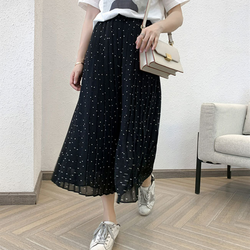 大碼百褶雪紡高腰寬鬆顯瘦九分闊腿褲-lululam