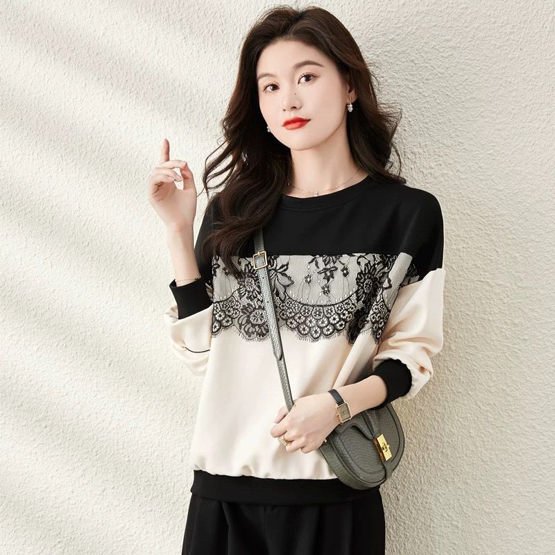 蕾絲拼接寬鬆圓領設計感撞色減齡長袖T恤