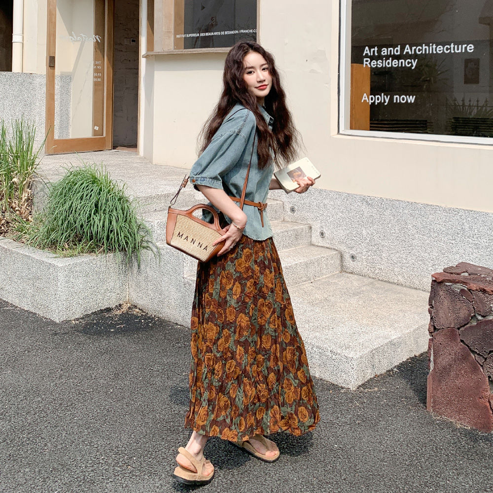 【單品/套裝】短袖牛仔襯衫碎花半身裙兩件套裝-lululam