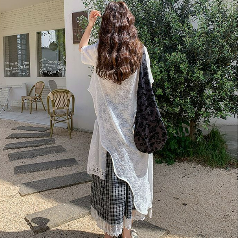 【單件/套裝】高級設計感蕾絲衫+黑白格半身裙兩件套裝-lululam