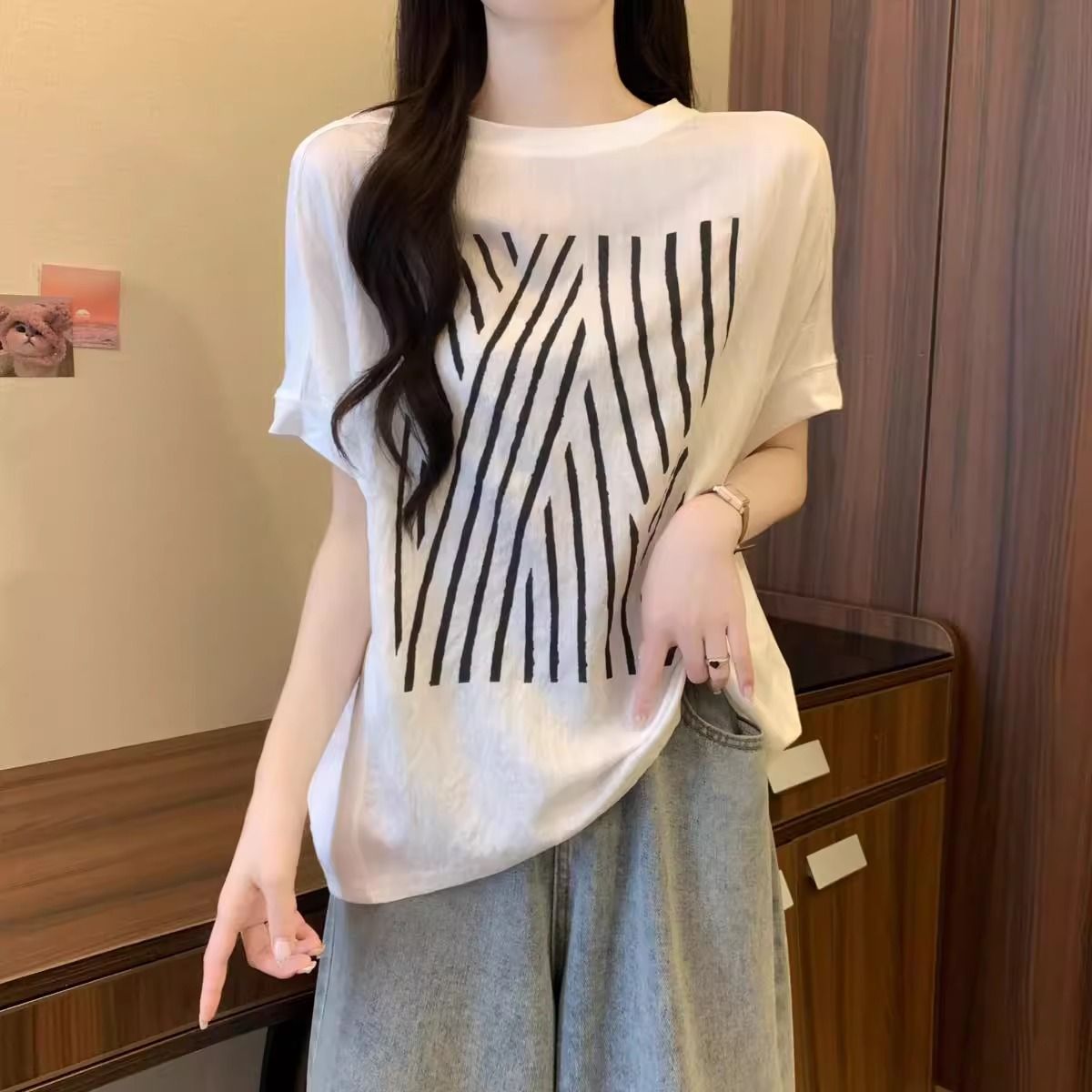 蝙蝠袖正肩顯瘦竹節冰絲印花短袖T恤-lululam