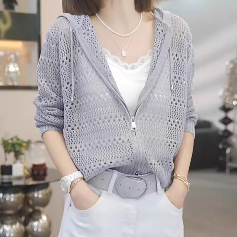 休閒長袖寬鬆連帽鏤空拉鏈開衫
