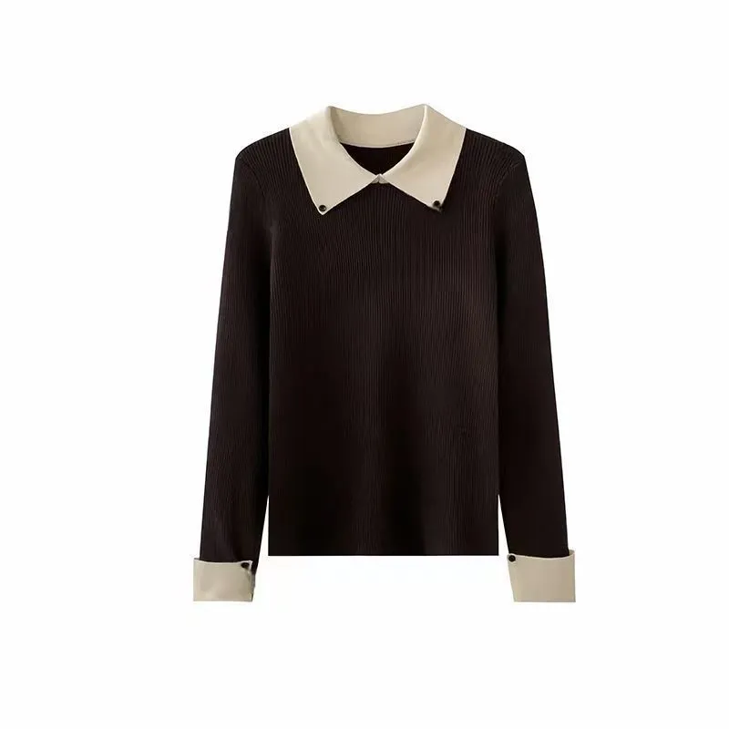 復古翻領拼接撞色內搭顯瘦修身針織毛衣