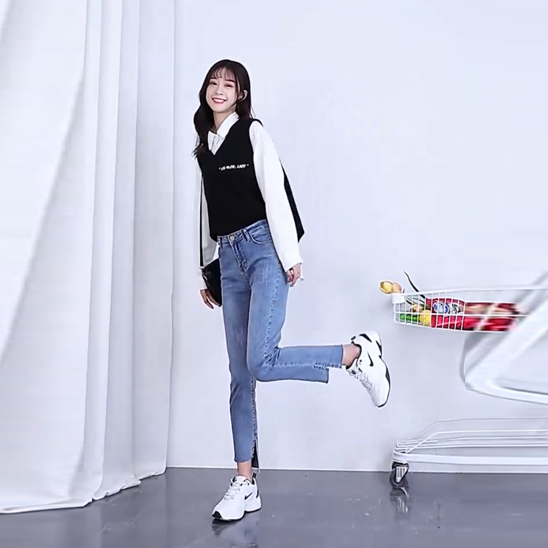 顯瘦高腰彈力緊身型破洞九分牛仔褲-lululam