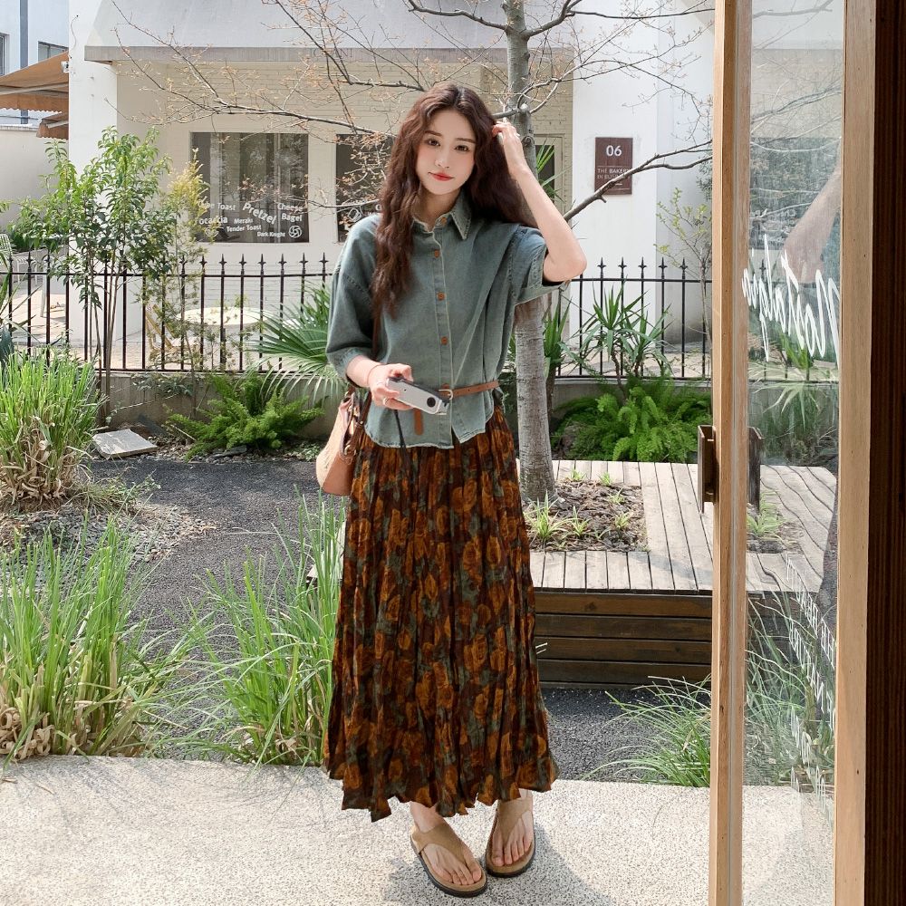 【單品/套裝】短袖牛仔襯衫碎花半身裙兩件套裝-lululam