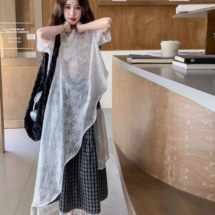 【單件/套裝】高級設計感蕾絲衫+黑白格半身裙兩件套裝-lululam