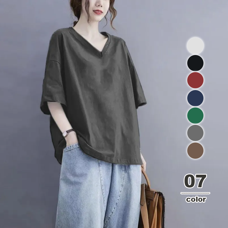 美式慵懶風設計感小眾純棉V領短袖t恤-lululam