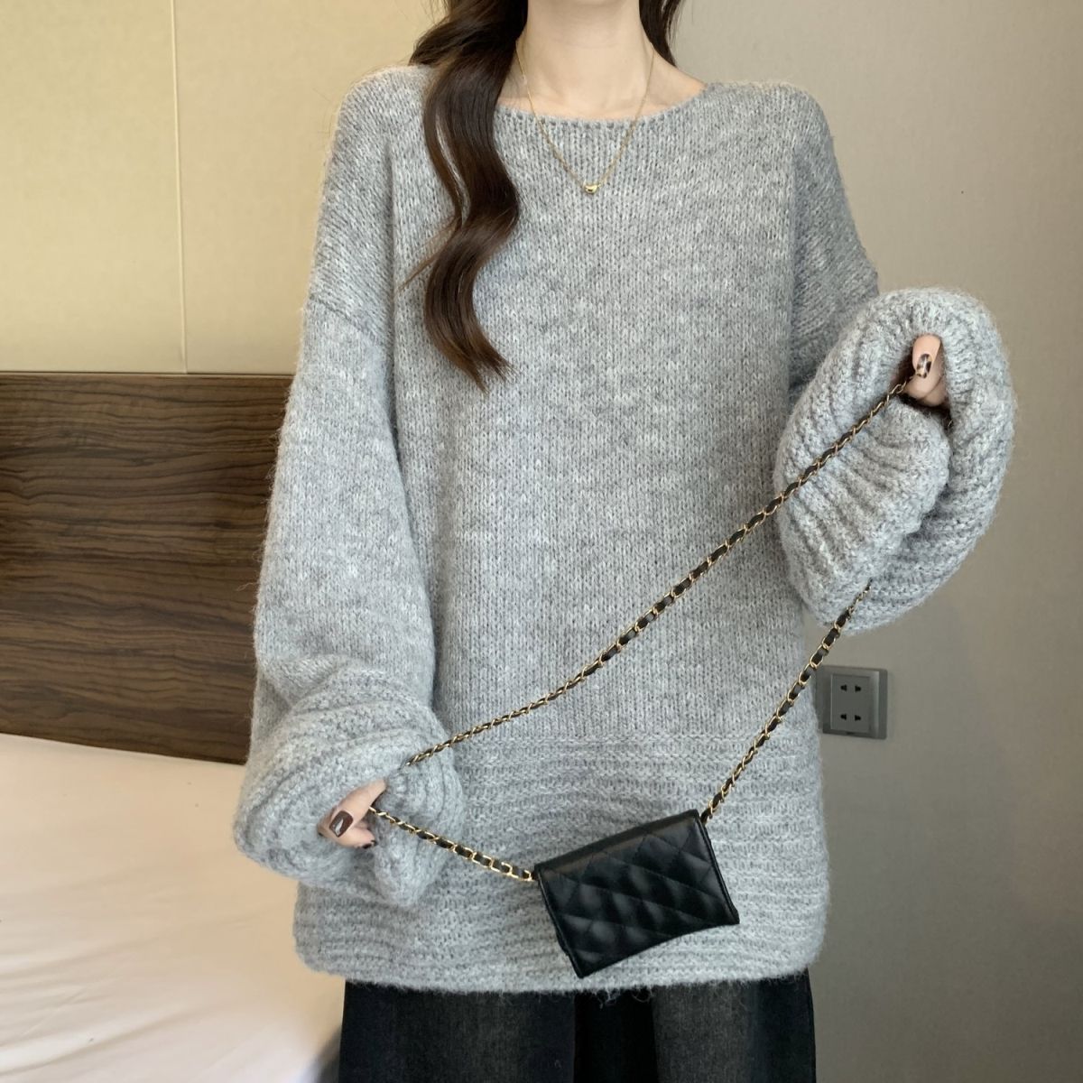 寬松燈籠袖大碼中長款軟糯慵懶風針織毛衣-lululam