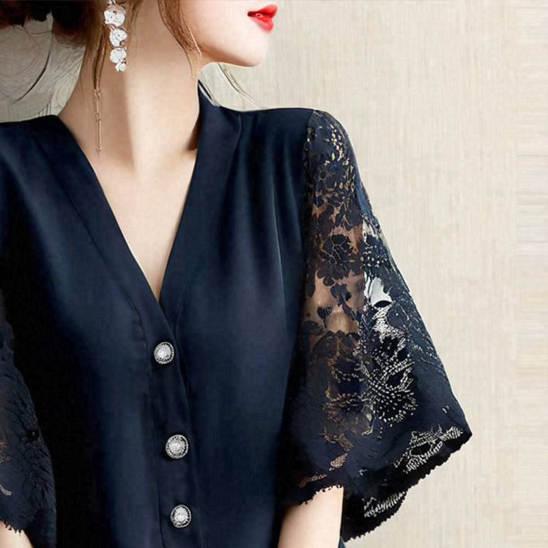 日系時尚拼接v領蕾絲氣質五分短袖-lululam